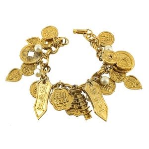 Chinese Good Luck Charm Bracelet Gods Baroque Glass Pearls in Gold Large Size
